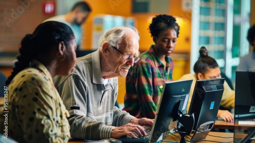 An elderly man engaged in a computer class, surrounded by younger students, highlighting intergenerational learning in a modern library setting.