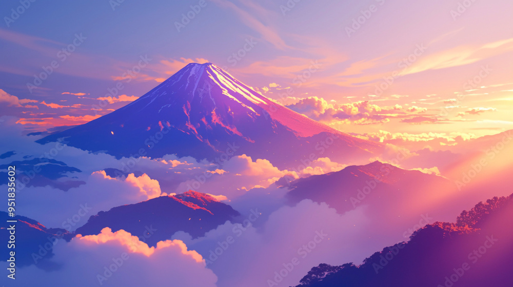Fototapeta premium 早朝の雲海に浮かぶ富士山 Generative AI
