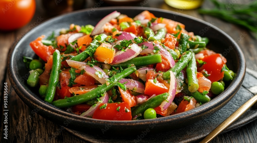 Bulgarian national cuisine: Green bean and onion salad with paprika. Bulgarian national cuisine: Green bean and onion salad with paprika.