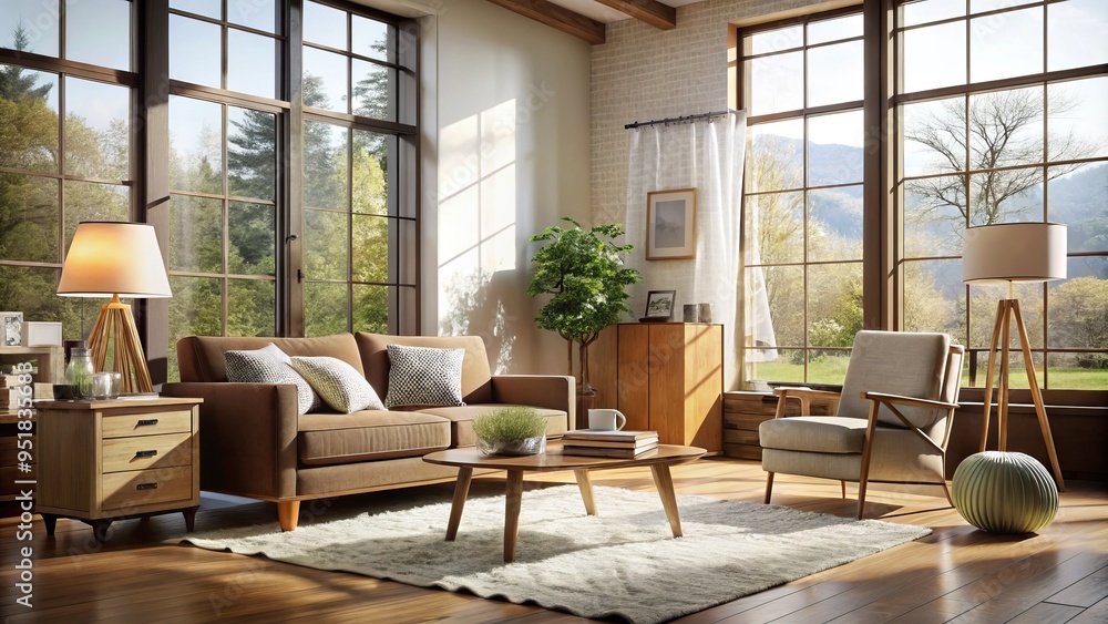 Fototapeta premium Crisp morning light filters through minimalist window frames, illuminating mid-century modern furniture wrapped in bubble wrap, contrasting rich wood tones and soft textures.