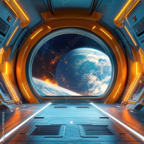 Fototapeta Naklejka Na Ścianę i Meble -  Spaceship Window View of Earth and a Planet