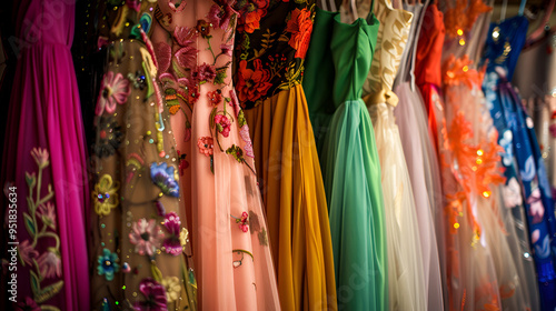 Closeup of a rack of colorful dressesand ready to be ai genrative