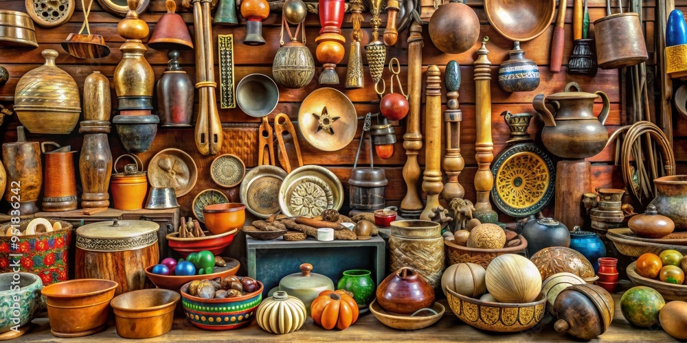 A Still Life of Rustic Wooden and Ceramic Treasures, Still Life, Wooden Bowls, Ceramic Vases , Wood, Pottery