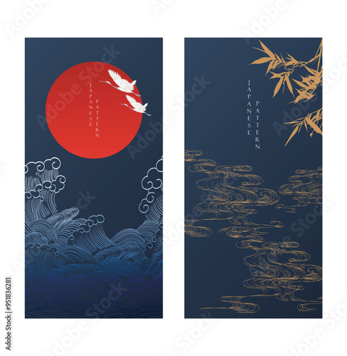 Japanese background with crane birds and red sun decoration vector. Hand drawn wave with bamboo leaves elements in oriental style.