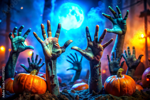 Zombie Hands Reaching For Pumpkins In A Spooky Forest. photo