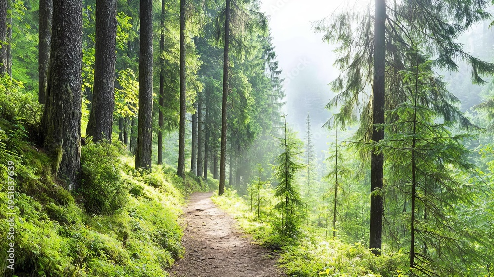 Obraz premium Morning hike in a foggy forest, path surrounded by towering trees, serene atmosphere with soft sunlight