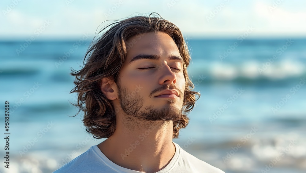 Man Meditates on the Beach at Sunrise, Feeling Calm and Peaceful. Man Meditates on the Beach at Sunrise, Feeling Calm and Peaceful.