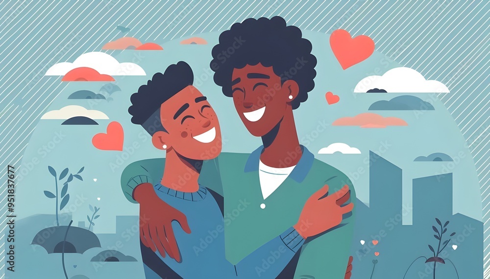 Flat Vector Illustration Of A Happy Romantic Gay Couple Flat Vector Illustration Of A Happy Romantic Gay Couple