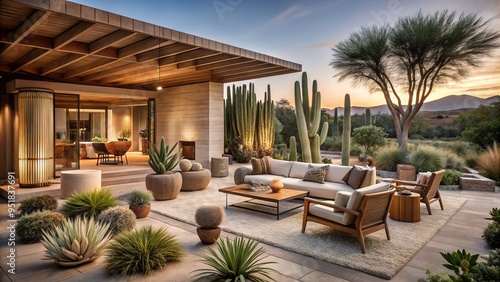 desert oasis retreat luxurious modern ranch backlit warm beige neutrals natural textures palm fronds cacti artful vignettes sleek lines organic shapes sun-kissed ambiance