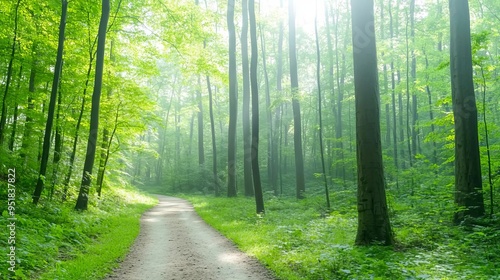 Morning hike in a foggy forest, path surrounded by towering trees, serene atmosphere with soft sunlight