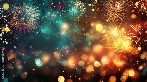 Colorful fireworks display with bokeh lights against a dark night sky.