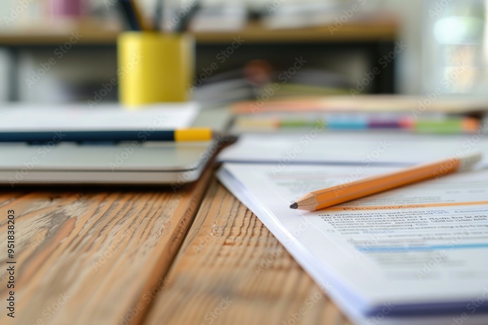 Sharpened pencil is lying on top of presentation papers with a laptop in the blurry background Sharpened pencil is lying on top of presentation papers with a laptop in the blurry background