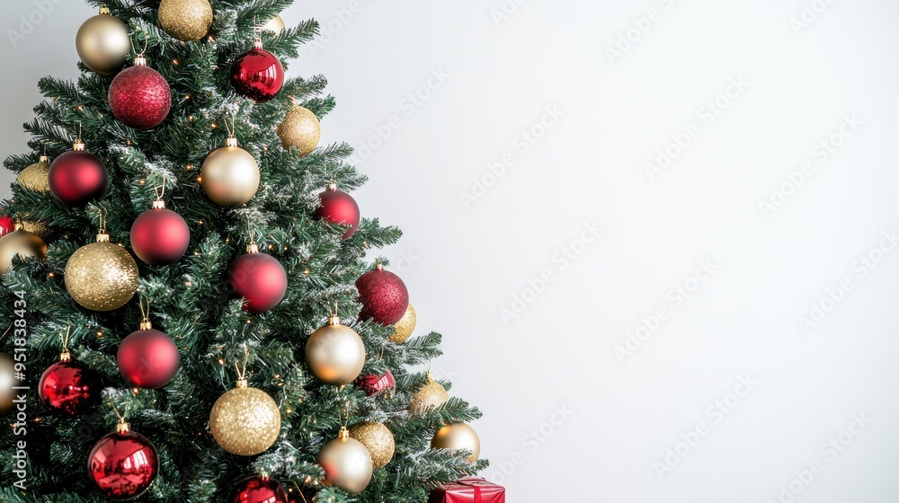 Snow-covered Christmas tree with red and gold ornaments and gifts, isolated on white background. Elegant holiday decor concept. Snow-covered Christmas tree with red and gold ornaments and gifts, isolated on white background. Elegant holiday decor concept.