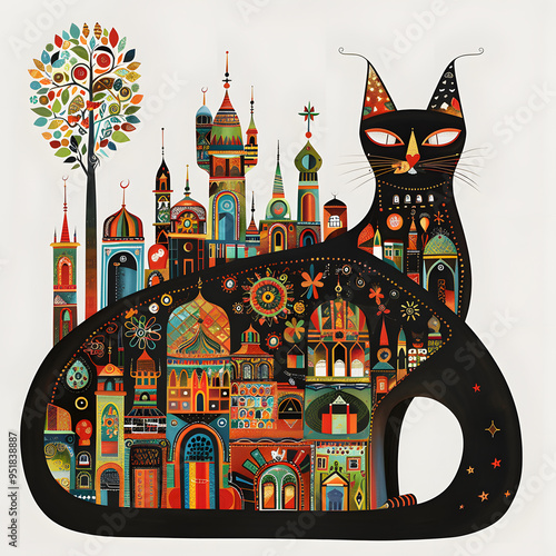 A colorful cat with whimsical cityscape features nestled among vibrant trees and buildings in a fantasy setting