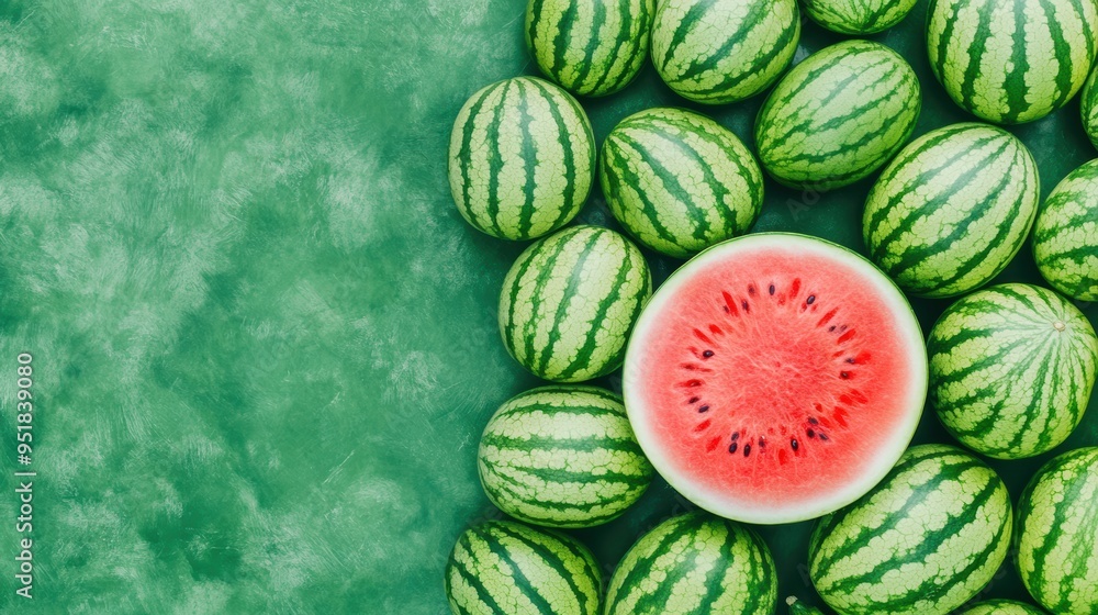 Top view of multiple whole green watermelons with one cut in half, showcasing the vibrant red flesh and seeds. Summer fruit concept. Top view of multiple whole green watermelons with one cut in half, showcasing the vibrant red flesh and seeds. Summer fruit concept.