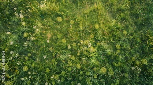 A close-up aerial shot captures the rich textures of a vibrant green meadow with various wildflowers scattered throughout, depicting natural beauty. photo