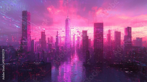 Neon pink and purple cityscape with abstract digital effects