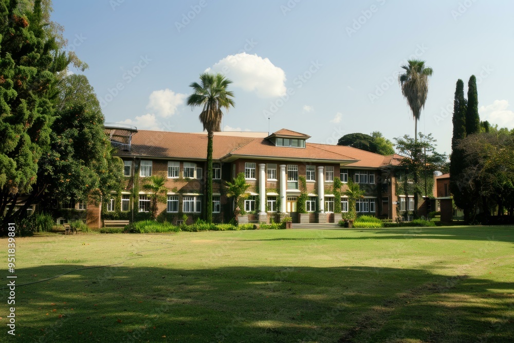 Fototapeta premium Large brick university building with columns is standing on a green lawn on a sunny day