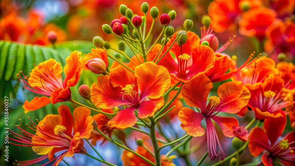 Close-Up of Red and Yellow Flowers with Green Buds, Close Up, Flower, Nature, Botany Close-Up of Red and Yellow Flowers with Green Buds, Close Up, Flower, Nature, Botany