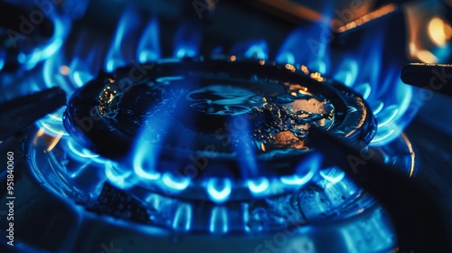 A burning gas stove with blue flames creating a sense of warmth and home, showcasing the intensity of the fire.