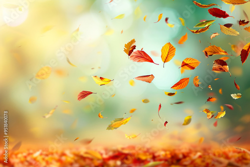 A beautiful autumn scene with leaves flying in the air,