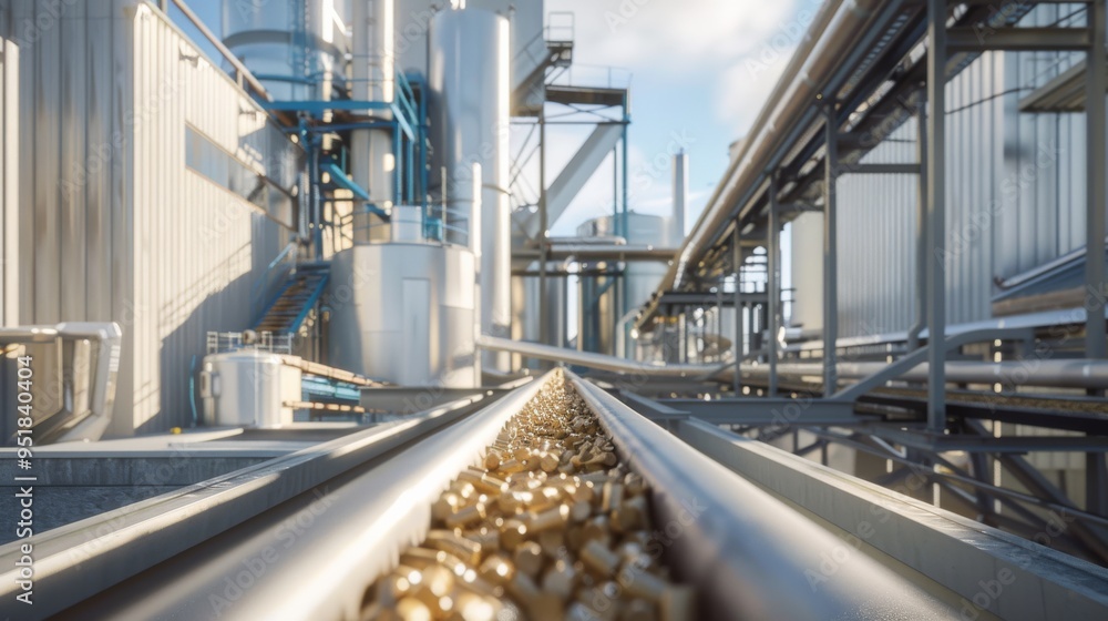A production line transporting golden grains through an industrial facility, showcasing modern machinery and structured pipelines. A production line transporting golden grains through an industrial facility, showcasing modern machinery and structured pipelines.