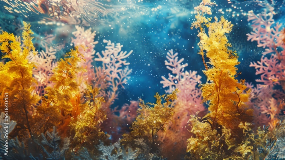 A beautiful underwater scene with a variety of colorful plants and coral A beautiful underwater scene with a variety of colorful plants and coral