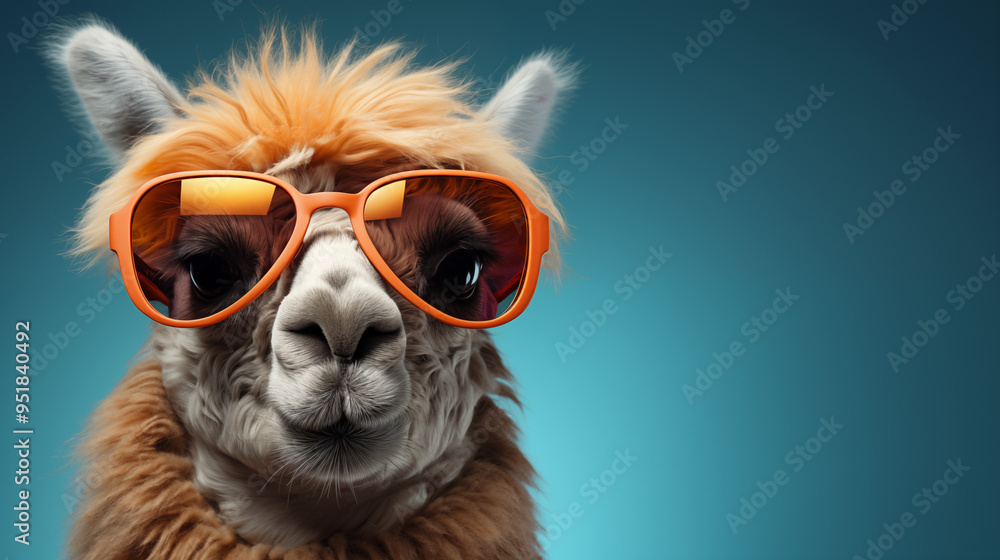 Fototapeta premium Lama with sun glasses on blue background. Close up head. Copy space. Funny animal promotion banner. Zoo flyer. Realistic photo generated by AI technology
