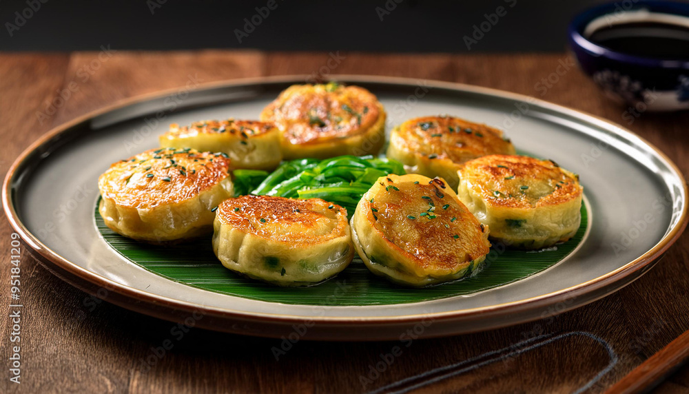 Pan fried circular shaped Chinese chive dumplings in a dish Pan fried circular shaped Chinese chive dumplings in a dish