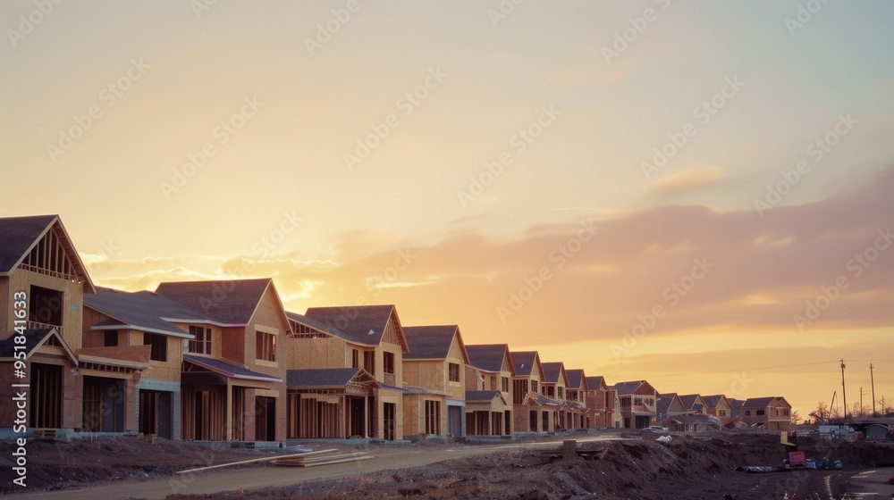 Fototapeta premium A row of new houses under construction at sunrise, illustrating growth and development in a serene suburb.