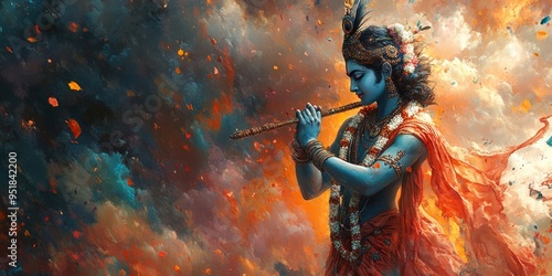 Divine Warrior: AI-Generated Watercolor of Krishna's Epic Battle. Abstract Cultural Art with Vibrant Blue-Orange Hues. Minimalist Composition for Spiritual Marketing, UI, and Graphic Design Projects.