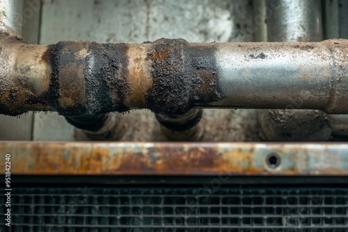 Close-up of a dirty, corroded pipe with rust and grime buildup photo