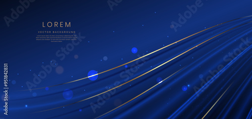 Abstract elegant blue curve and gold line with lighting effect sparkle on blue background. Template premium award design.