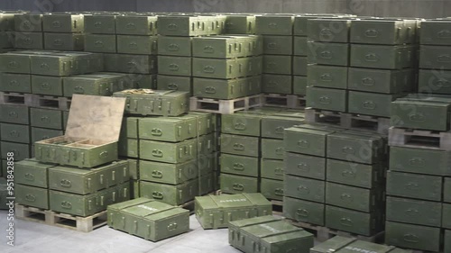 Huge Stack Of Ammo Boxes With Rpg Missiles And Rifle Ammunition In Warehouse