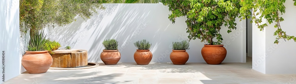 Fototapeta premium Mediterranean courtyard garden with terracotta pots, climbing vines, and water fountain, warm climate design, serene retreat