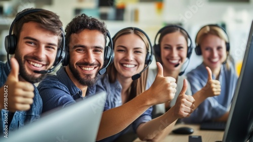 A group of diverse technical support working in a call center office workers wearing headsets, smiling, and giving thumbs up in front of their computers for customer service support or sales