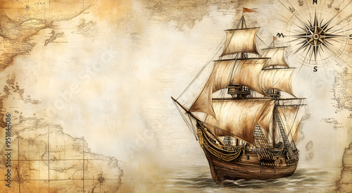 Vintage Nautical Map Background with an Old Sailing Ship 