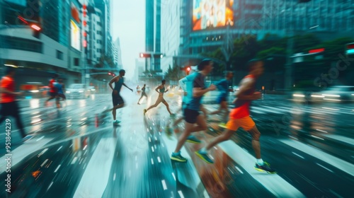 Wallpaper Mural Blurred motion of runners in a rainy urban marathon, capturing the spirit and energy of the race amid city hustle. Torontodigital.ca
