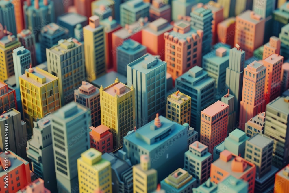 Colorful low poly 3d rendering of a cityscape with modern buildings Colorful low poly 3d rendering of a cityscape with modern buildings