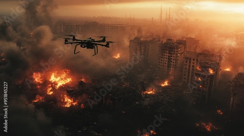 Drone Flying Over a War-Torn City