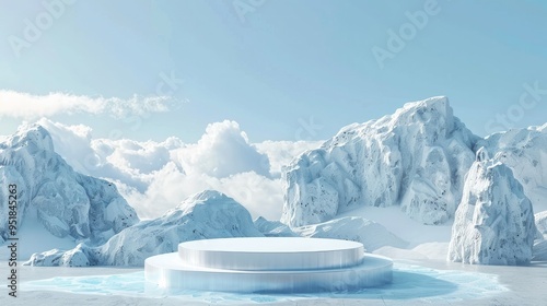 3d render winter platform and natural podium background, Ice podium on the ice mountain, Backdrop clear sky for product display, advertising, cosmetic skincare or etc 