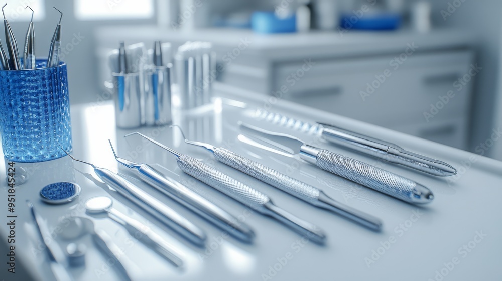 Modern dental tools on a sleek white surface light reflections stainless steel instruments clean and sterile environment blue and silver color palette Modern dental tools on a sleek white surface light reflections stainless steel instruments clean and sterile environment blue and silver color palette