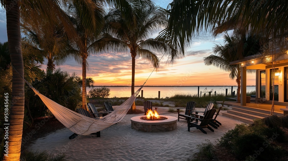 Naklejka premium A breezy coastal outdoor space with a hammock strung between two palm tree