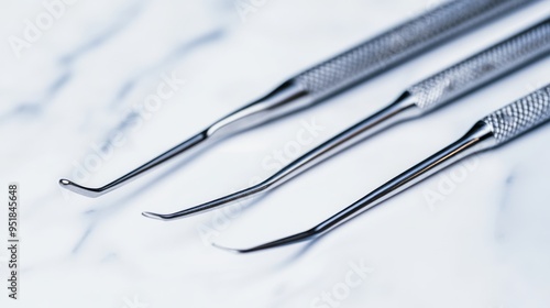 Modern dental tools on a sleek white surface light reflections stainless steel instruments clean and sterile environment blue and silver color palette