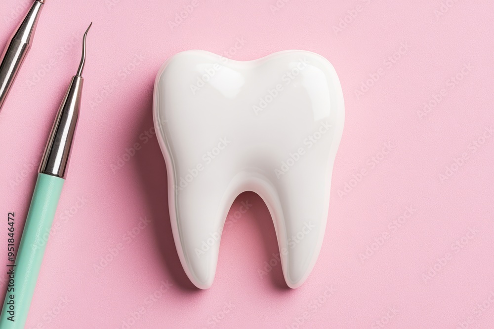 Soft pastel background flat lay design dentist tools neatly arranged tooth model open notebook with dental health tips green and blue accents Soft pastel background flat lay design dentist tools neatly arranged tooth model open notebook with dental health tips green and blue accents