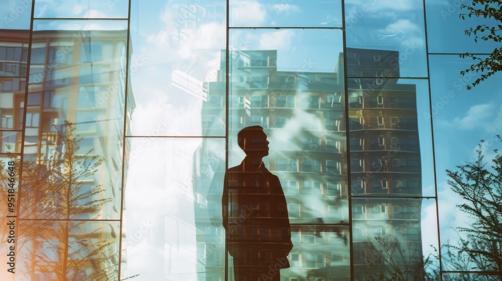 Fototapeta premium A man’s silhouette is reflected against mirrored glass of an office building with sunny skies and clouds creating a surreal cityscape backdrop.