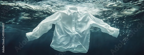 A commercial advertisement style showcasing cleaning clothes in a washing machine or with detergent liquid, featuring floating shirts and dresses underwater surrounded by bubbles, wet splashes

 photo