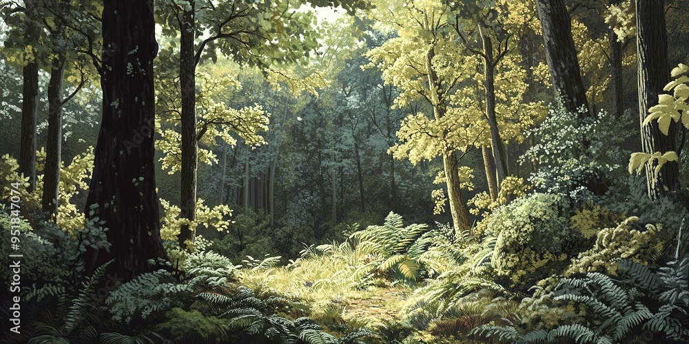 Obraz premium Exploring a temperate forest, with its mix of deciduous and evergreen trees, reveals the beauty and diversity of plant life in different seasons.