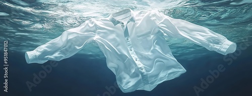 A commercial advertisement style showcasing cleaning clothes in a washing machine or with detergent liquid, featuring floating shirts and dresses underwater surrounded by bubbles, wet splashes

 photo