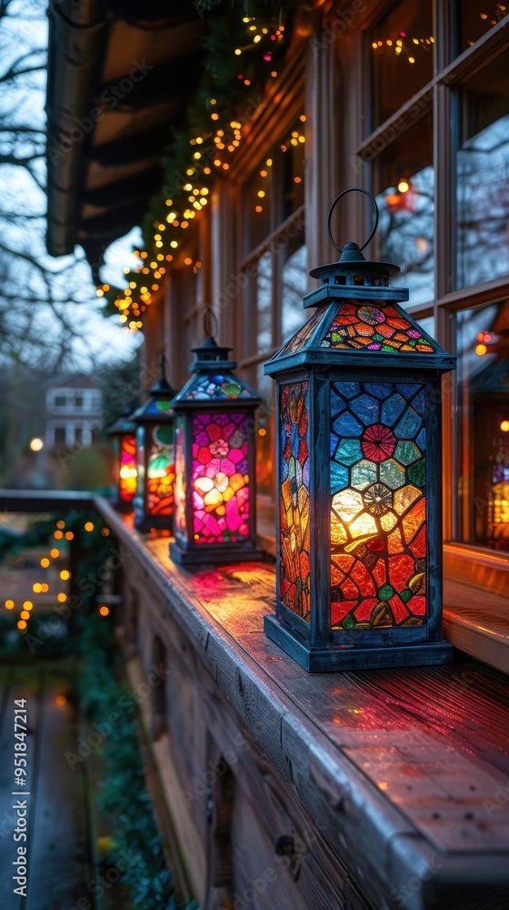 Colorful lanterns illuminate a cozy wooden porch, creating a warm and inviting atmosphere during twilight.